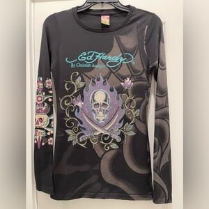 Ed Hardy Shirt Vintage Y2K Size Small Rhinestone Skull Koi Fish Rare Multi Print